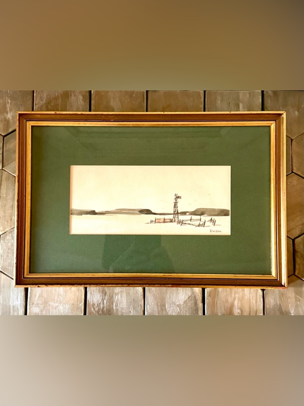 Lewis Ewen New Mexico Windmill, Farm Original Watercolor Landscape, 15.5”x10”